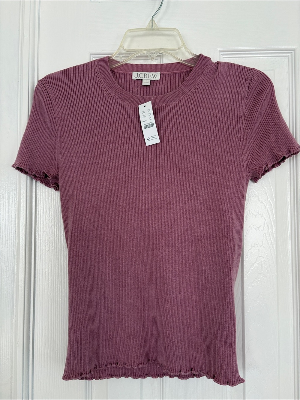 J. Crew short sleeve ribbed top pink purple lettuce edge trim Women’s Medium NWT